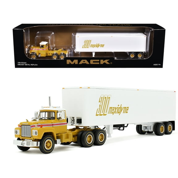 Mack R-Model Day Cab and 40' Vintage Trailer Yellow with Red Stripes and White Top "Mack Anniversary" 1/64 Diecast Model by DCP/First Gear