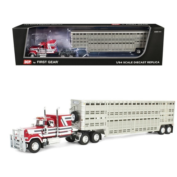 Mack Super-Liner with 60" Flat Top Sleeper and 45' Wilson Vintage Livestock Trailer Red with White and Gray Stripes 1/64 Diecast Model by DCP/First Gear