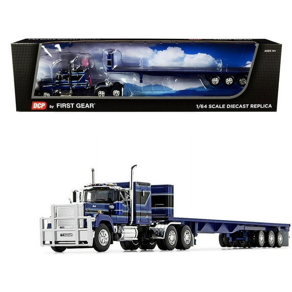 Mack Super-Liner with 60 Sleeper Cab with Tri-Axle Flatbed Trailer Dark Blue and Black 1/64 Diecast Model by DCP/First Gear