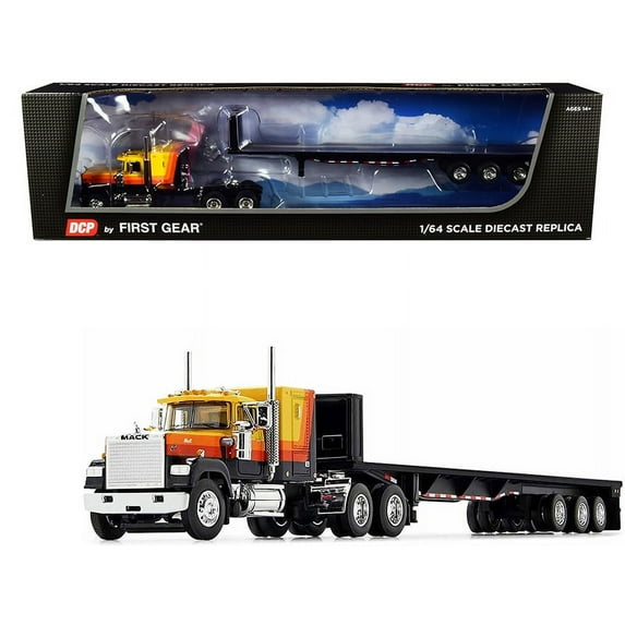 Mack Super-Liner with 60\ Sleeper Cab with Tri-Axle Flatbed Trailer Yellow and Black with Stripes 1/64 Diecast Model by DCP/First Gear"