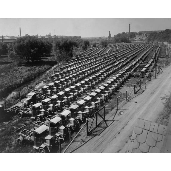 Mack War Trucks Awaiting Transport To The U.S. Army Engineer Corps Fighting In World War I. They Were Manufactured By