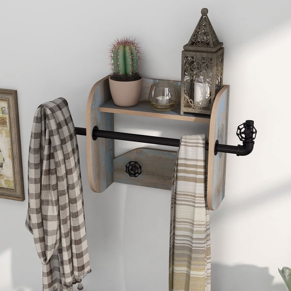 Mack Wood Distressed Blue Decorative Wall Rack with 4-Hook