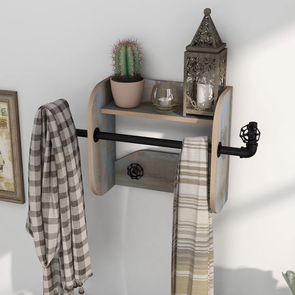 Mack Wood Distressed Blue Decorative Wall Rack with 4-Hook