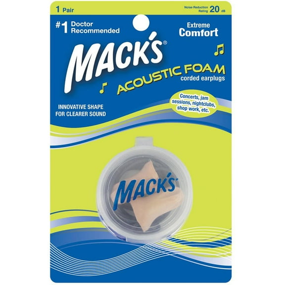 Macks Acoustic Foam Earplugs, 1 Pair Corded with Travel Case Soft, Comfortable Ear Plugs for Concerts, Jam Sessions, Nightclubs and Loud Events