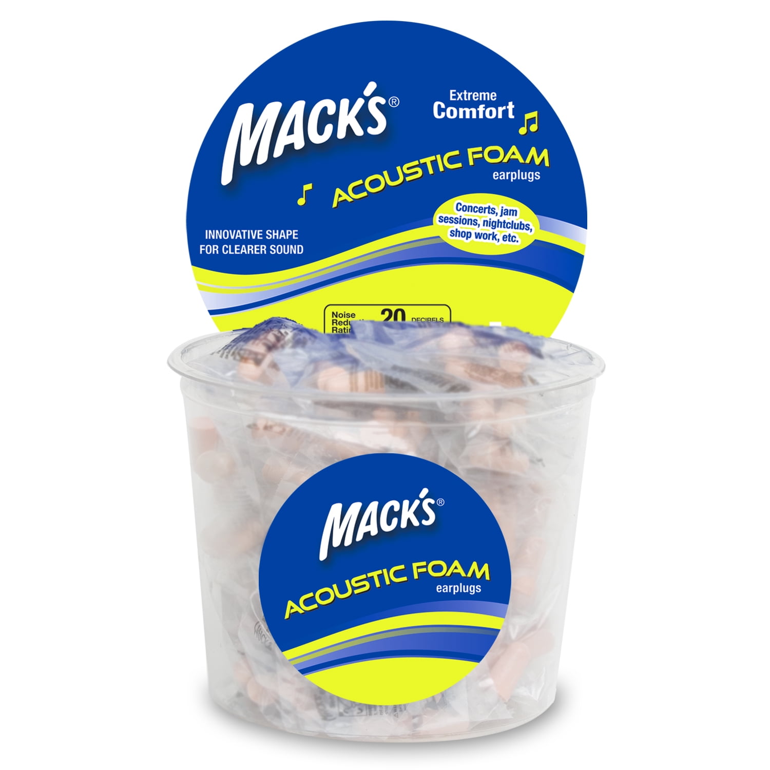 Mack’s Acoustic Foam Earplugs, 100 Pair Tub – Soft, Comfortable Ear Plugs for Concerts, Jam Sessions, Nightclubs and Loud Events