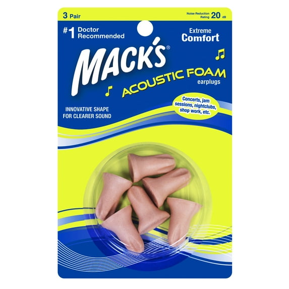 Mack’s Acoustic Foam Earplugs, 3 Pair – Soft, Comfortable Ear Plugs for Concerts, Jam Sessions, Nightclubs and Loud Events