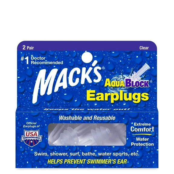 Mack's AquaBlock Swimming Earplugs, 2 Pair - Comfortable, Waterproof, Reusable Silicone Ear Plugs for Swimming, Snorkeling, Showering, Surfing and Bathing (Clear)