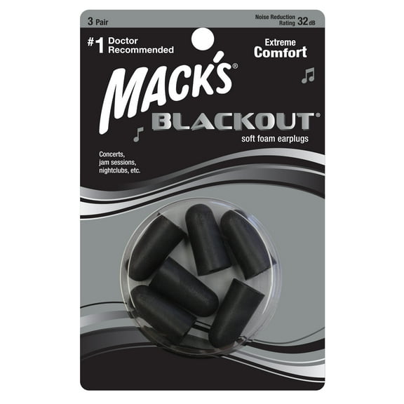 Mack's Blackout Soft Foam Earplugs, 3 Pair - 32 dB Highest NRR, Comfortable Ear Plugs for Concerts, Jam Sessions, Nightclubs, Loud Events and Shooting Sports