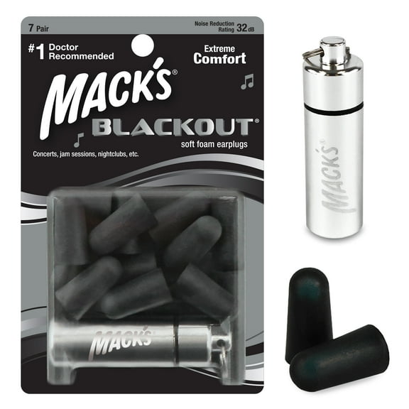 Mack's Blackout Soft Foam Earplugs, 7 Pair with Travel Case - 32 dB Highest NRR, Comfortable Ear Plugs for Concerts, Jam Sessions, Nightclubs, Loud Events and Shooting Sports