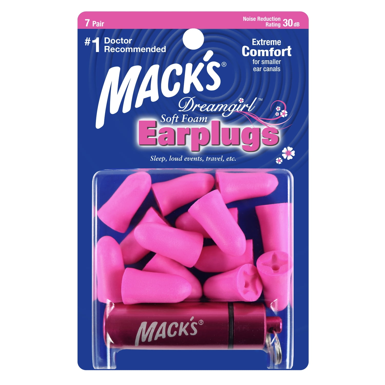 Macks Dreamgirl Soft Foam Earplugs, 7 Pair with Travel Case - Small Ear Plugs for Sleeping, Snoring, Studying, Loud Events, Traveling and Concerts