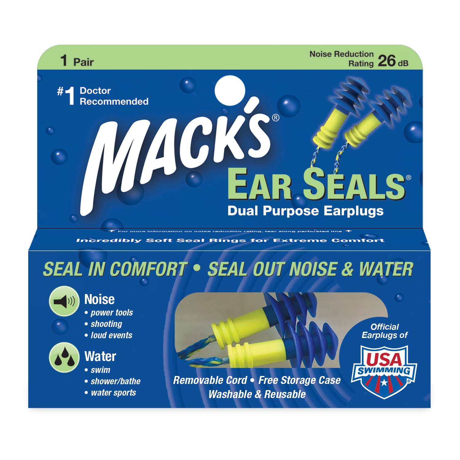 MACK'S Macks Ear Seals Earplugs, 1 Pair with Detachable Cord - 26db High NRR - Dual Purpose Comfortable Ear Plugs for Noise Reduction and Blocking Water