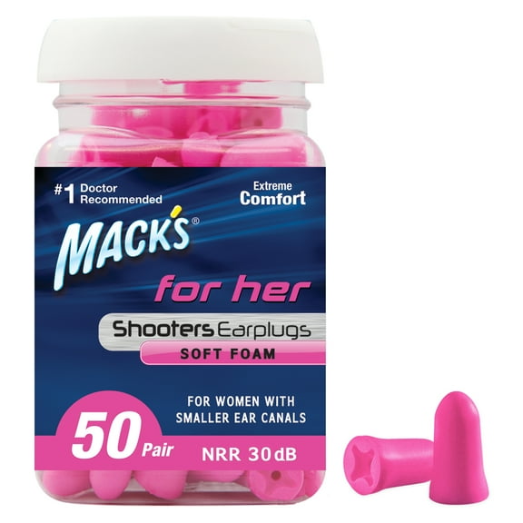 Macks For Her Soft Foam Shooting Ear Plugs, 50 Pair, Pink Small Earplugs for Hunting, Tactical, Target, Skeet and Trap Shooting