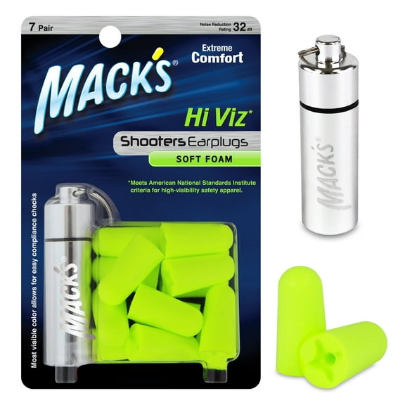 Mack's Hi Viz Soft Foam Shooting Earplugs, 7 Pair with Travel Case - Most Visible Color, Easy Compliance Checks, 32dB High NRR - Comfortable, Safe Ear Plugs for Hunting, Tactical, Target Shooting