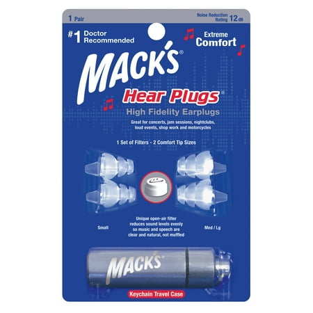 Mack's High Fidelity Ear Plugs for Concerts, Musicians, Motorcycles, Noise Sensitivity - 1 Pair (2 Comfort Tip Sizes) - Clear Hear Plugs with Case