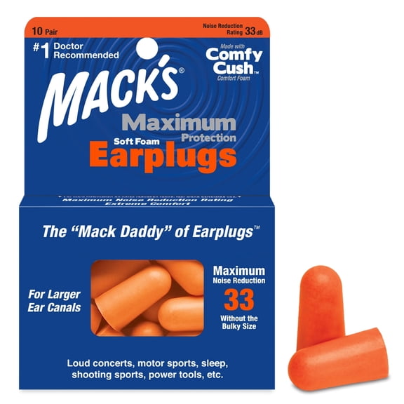 Macks Maximum Protection Soft Foam Earplugs 10 Pair, 33 dB Highest NRR Comfortable Ear Plugs for Sleeping, Snoring, Loud Concerts, Motorcycles and Power Tools