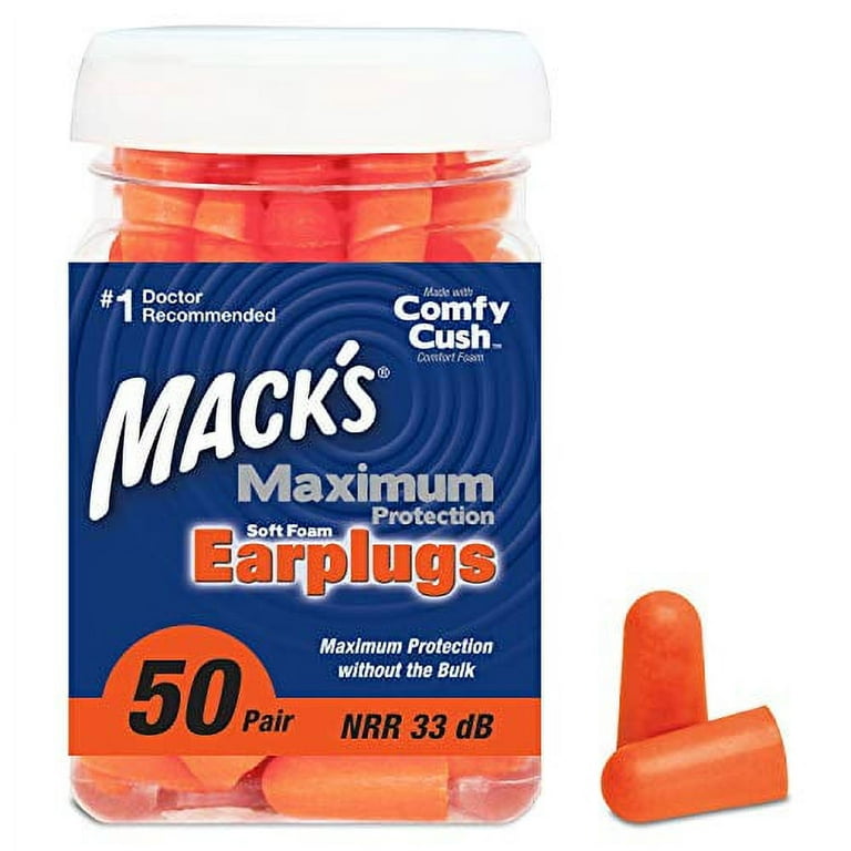 Mack’s Maximum Protection Soft Foam Earplugs – 50 Pair, 33 dB Highest NRR –  Comfortable Ear Plugs for Sleeping, Snoring, Loud Concerts, Motorcycles