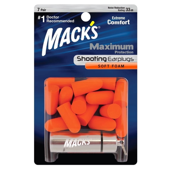 Mack's Maximum Protection Soft Foam Shooting Ear Plugs, 33 dB Highest NRR  Comfortable Earplugs for Hunting, Tactical, Target, Skeet and Trap Shooting (7 Pair Plus Travel Case)