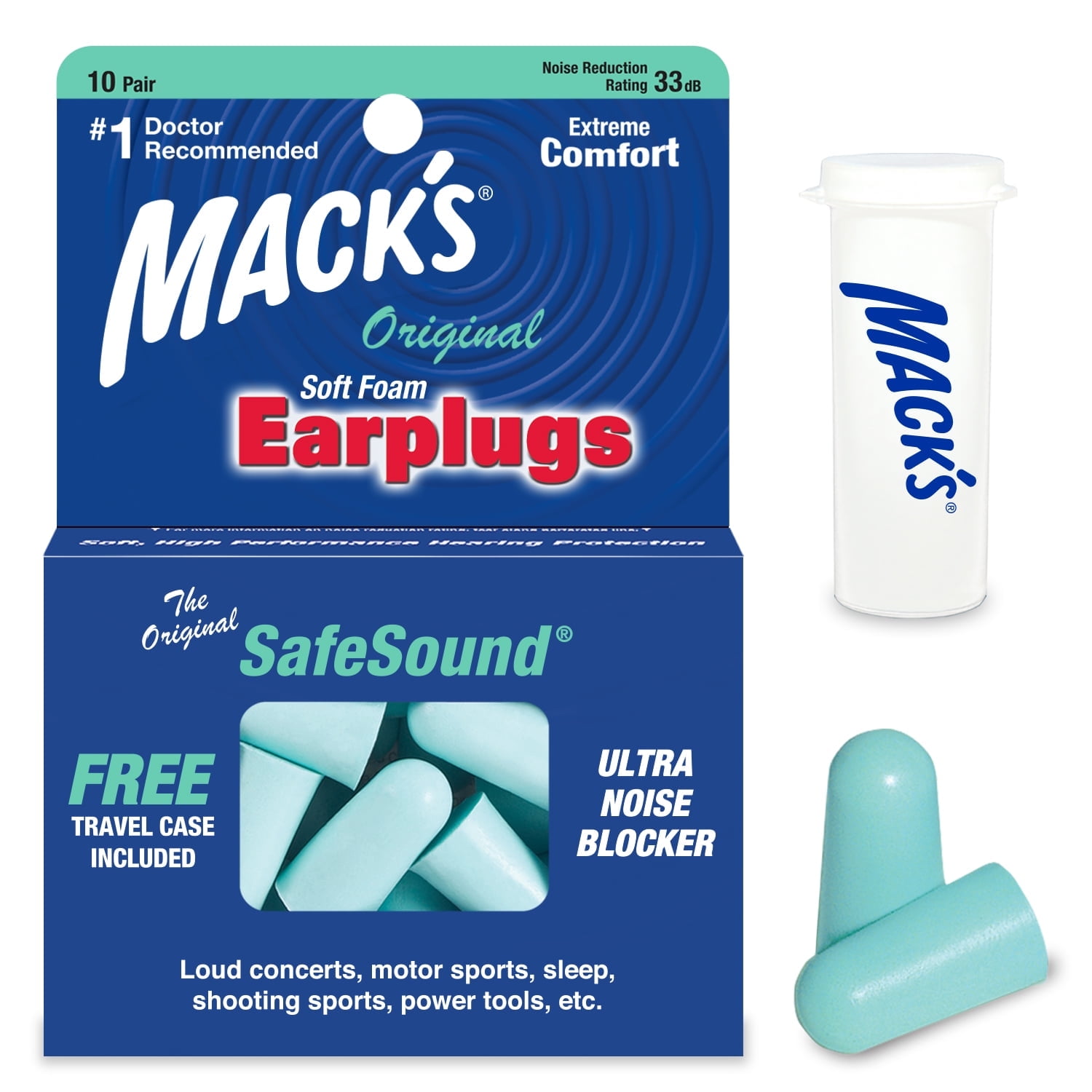 Mack's Original Soft Foam Earplugs, 10 Pair - 33dB Highest NRR, Comfortable Ear Plugs for Sleeping, Snoring, Work, Travel \u0026 Loud Events | Made in USA