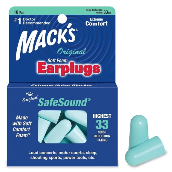 Mack's Original Soft Foam Earplugs, 10 Pair - 33dB Highest NRR, Comfortable Ear Plugs for Sleeping, Snoring, Work, Travel & Loud Events | Made in USA