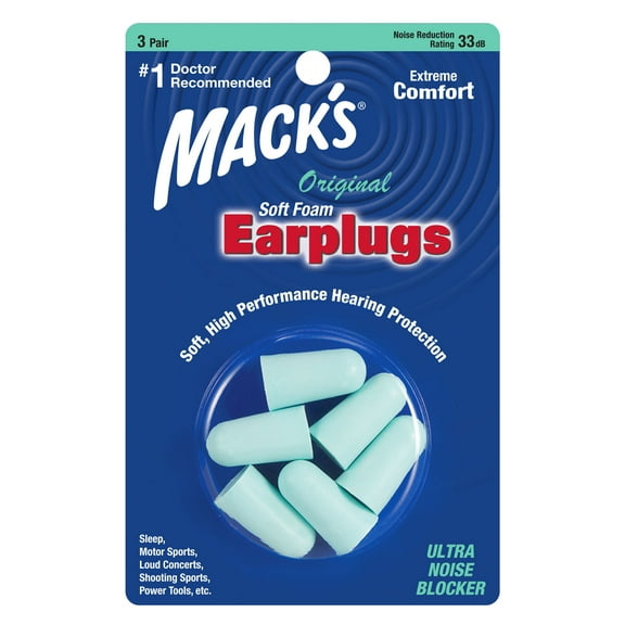 Mack's Original Soft Foam Earplugs, 3 Pair - 33dB Highest NRR, Comfortable Ear Plugs for Sleeping, Snoring, Work, Travel & Loud Events, Teal Green