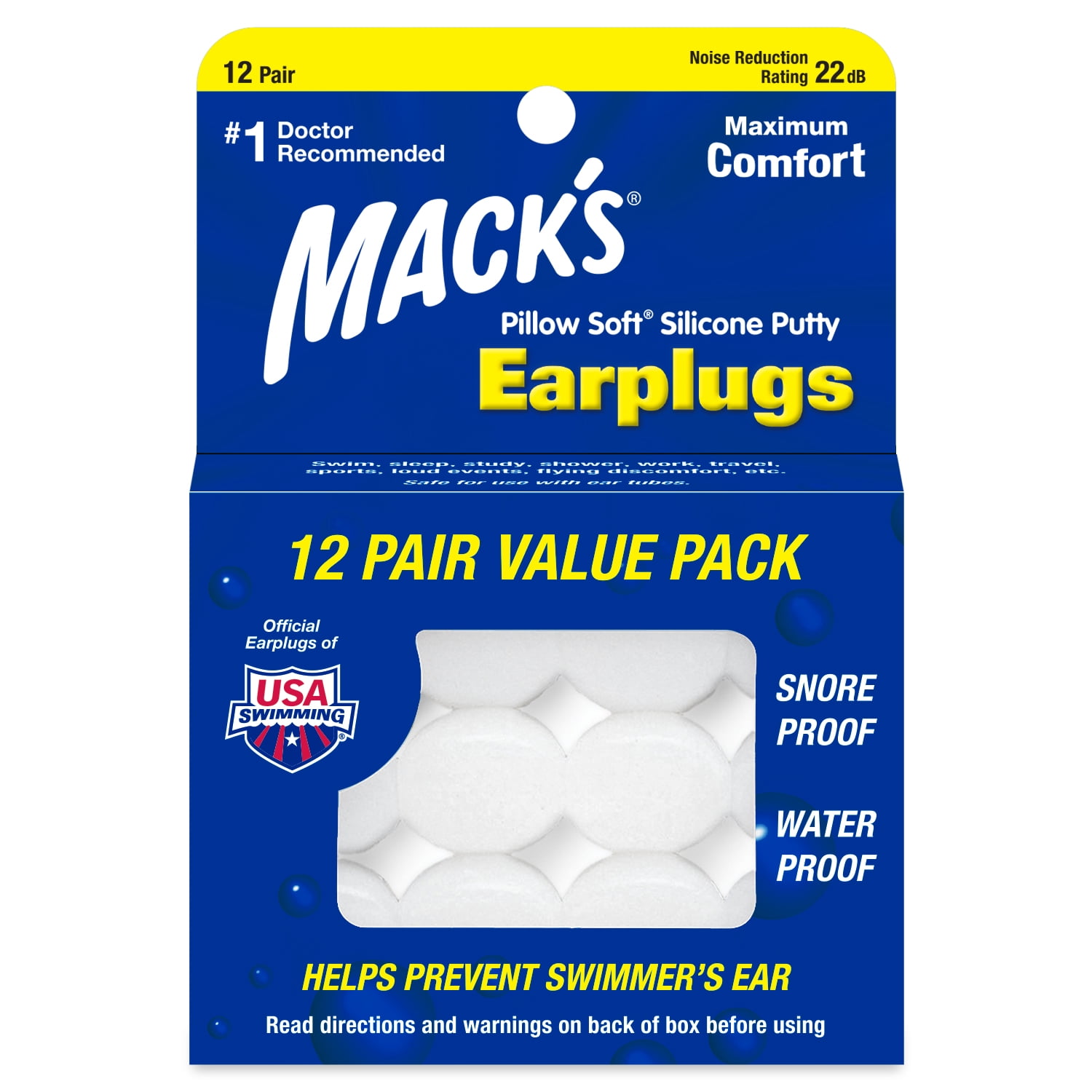 Mack's Pillow Soft Silicone Earplugs, 12 Pair The Original Moldable Silicone Putty Ear Plugs for Sleeping, Snoring, Swimming, Travel, Concerts and Studying | Made in USA