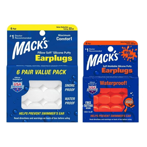 Mack's Soft Moldable Silicone Earplugs - Original & Kids Size Bundle - Comfortable, Moldable Putty Earplugs for Sleeping (adults), Snoring, Swimming, Travel, and Loud Events | Made in USA