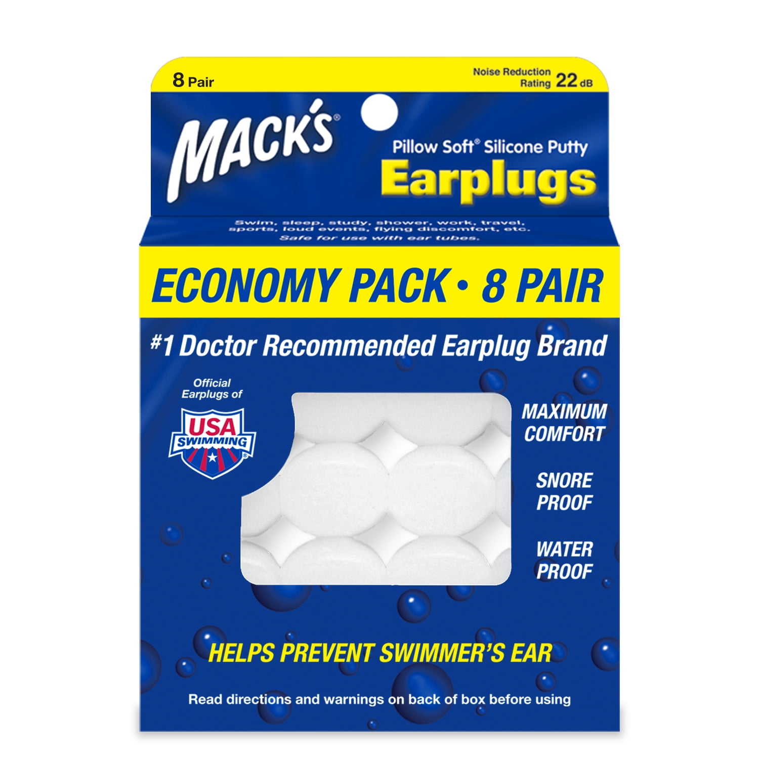 Mack's Pillow Soft Silicone Earplugs, 8 Pair - The Original Moldable Silicone Putty Ear Plugs for Sleeping, Snoring, Swimming, Travel, Concerts and Studying | Made in USA