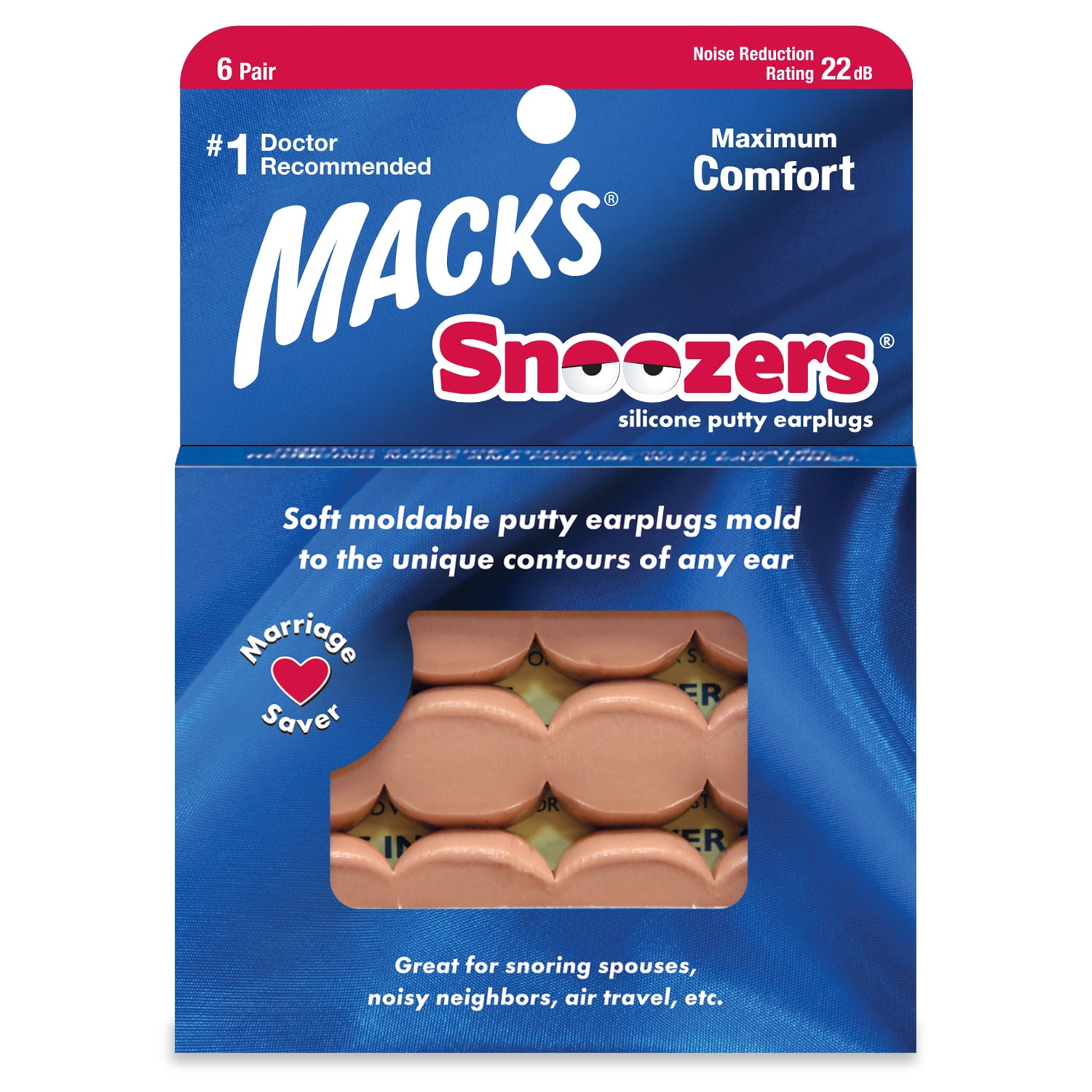 Mack's Snoozers Silicone Putty Earplugs - 6 Pair - Comfortable, Moldable Silicone Ear Plugs for Sleeping, Snoring, Loud Noise & Traveling