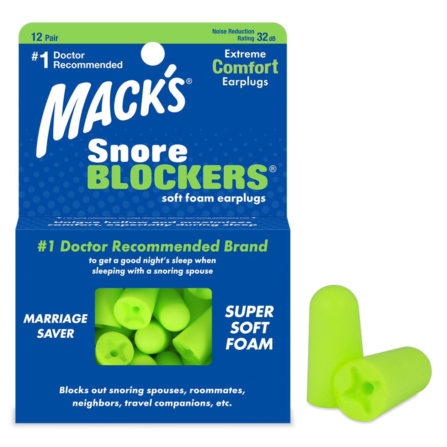 Macks Snore Blockers Soft Foam Earplugs, 12 Pair 32 dB High NRR, 37 dB SNR Comfortable Ear Plugs for Sleeping, Snoring, Loud Noise and Travel