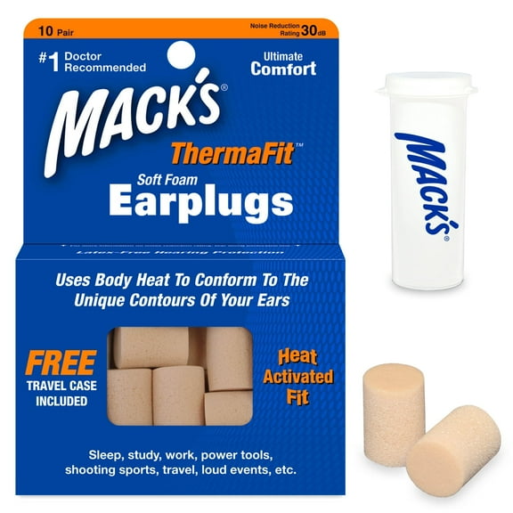Macks ThermaFit Soft Foam Earplugs, 10 Pair Plus Keychain Case - Comfortable Ear Plugs for Sleeping, Snoring, Work, Travel & Loud Events | Made in USA | Newly Upgraded and Improved