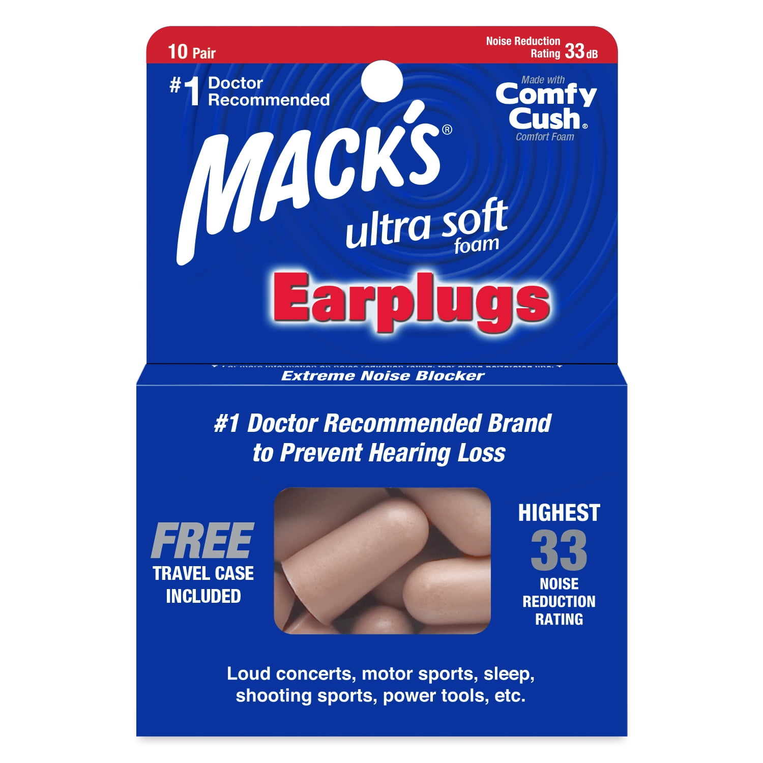 Mack's Ultra Soft Foam Earplugs, 10 Pair 33dB Highest NRR