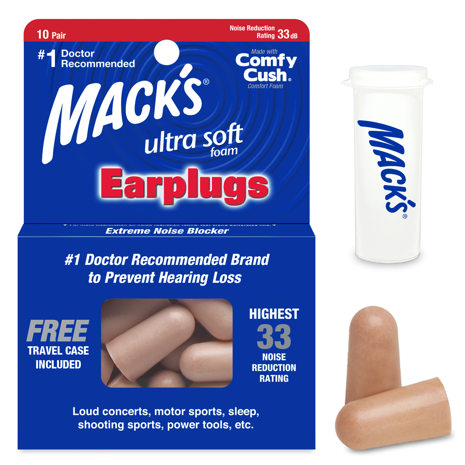 Mack's Ultra Soft Foam Earplugs, 10 Pair - 33dB Highest NRR, Comfortable Ear Plugs for Sleeping, Snoring, Work, Travel and Loud Events - image 1 of 7