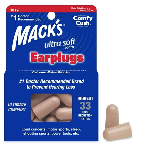 Mack's Ultra Soft Foam Earplugs, 10 Pair - 33dB Highest NRR, Comfortable Ear Plugs for Sleeping, Snoring, Work, Travel and Loud Events