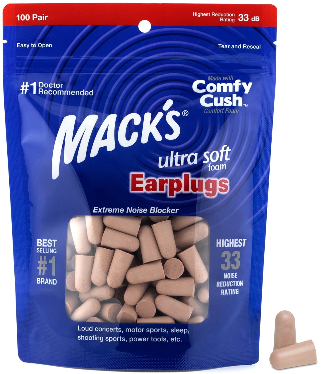 Mack's Ultra Soft Foam Earplugs, 100 Pair Bag - 33dB Highest NRR, Comfortable Ear Plugs for Sleeping, Snoring, Travel, Concerts, Studying and Loud Noise