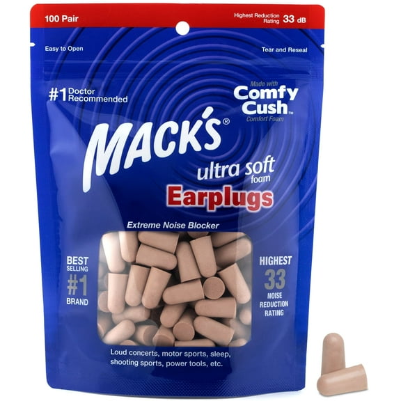 Mack's Ultra Soft Foam Earplugs, 100 Pair Bag - 33dB Highest NRR, Comfortable Ear Plugs for Sleeping, Snoring, Travel, Concerts, Studying and Loud Noise