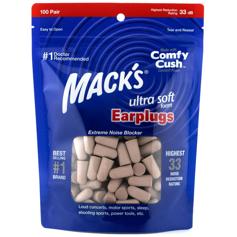 Mack's Ultra Soft Foam Earplugs, 100 Pair Bag - 33dB Highest NRR,  Comfortable Ear Plugs for Sleeping, Snoring, Travel, Concerts, Studying and  Loud