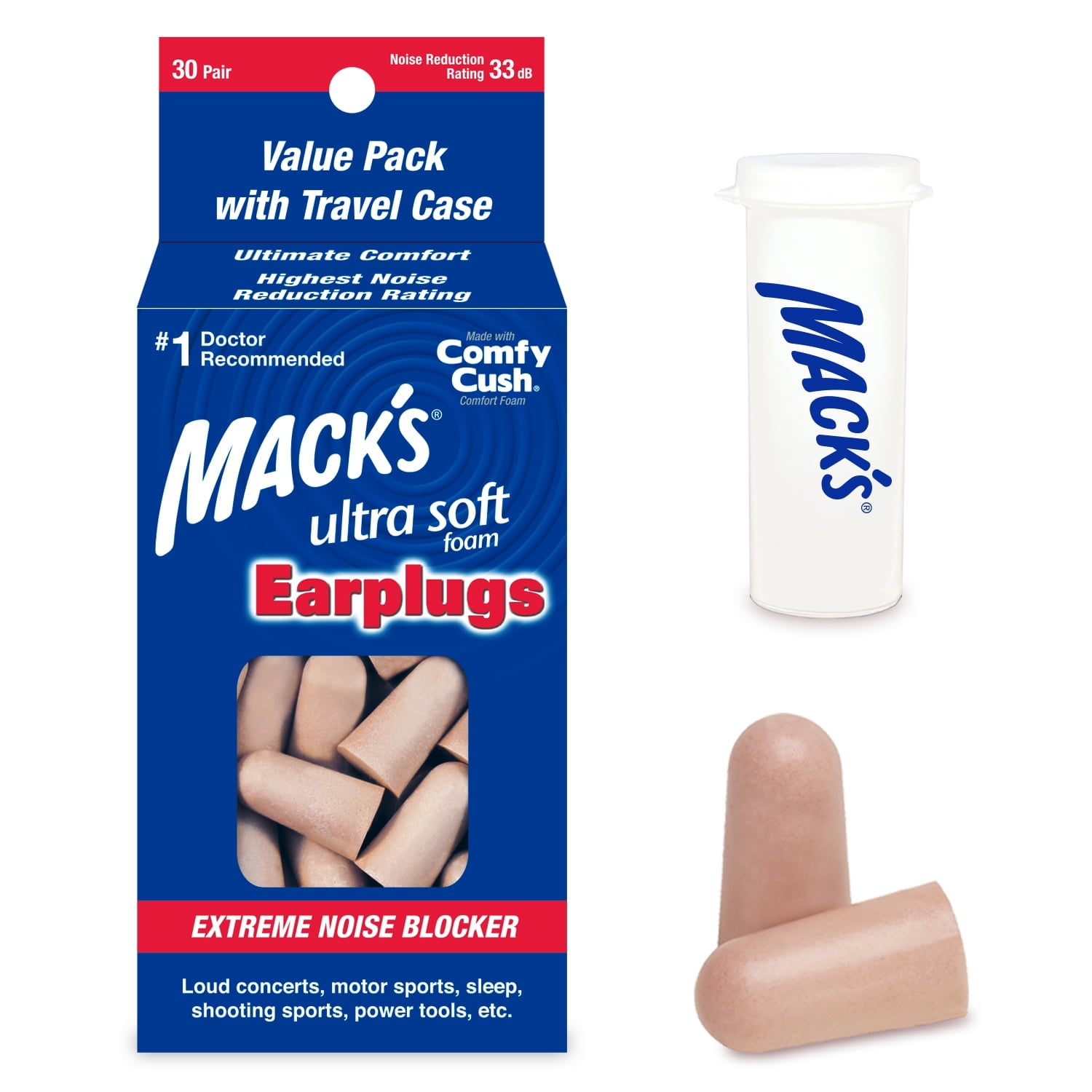 Mack's Ultra Soft Foam Earplugs, 30 Pair - 33dB Highest NRR, Comfortable Ear Plugs for Sleeping, Snoring, Travel, Concerts, Studying, Loud Noise, Work | Made in USA