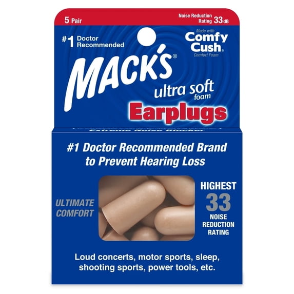 Mack's Ultra Soft Foam Earplugs, 5 Pair - 33dB Highest NRR, Comfortable Ear Plugs for Sleeping, Snoring, Travel, Concerts, Studying, Loud Noise, Work
