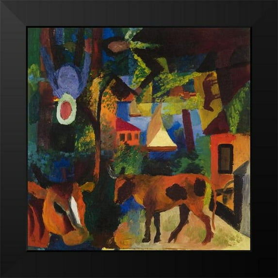 Macke, August 12x12 Black Modern Framed Museum Art Print Titled - Landscape with Cows-Sailboat-and Painted-in Figures