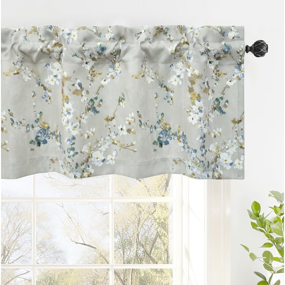 Mackenzie Abstract Floral Pattern Window Treatment Valance Rod Pocket 52 Inch by 18 Inch Plus 2 Inch Header Blue Gray