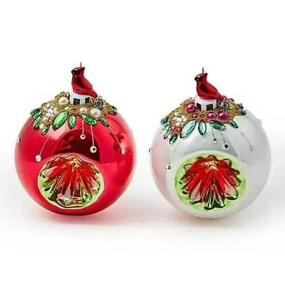 Mackenzie Childs Beautiful Set of 2 Cardinal Glass Reflector Christmas Ornaments NEW IN ORIGINAL BOX WITH TAGS, 100% AUTHENTIC, Great Gift.