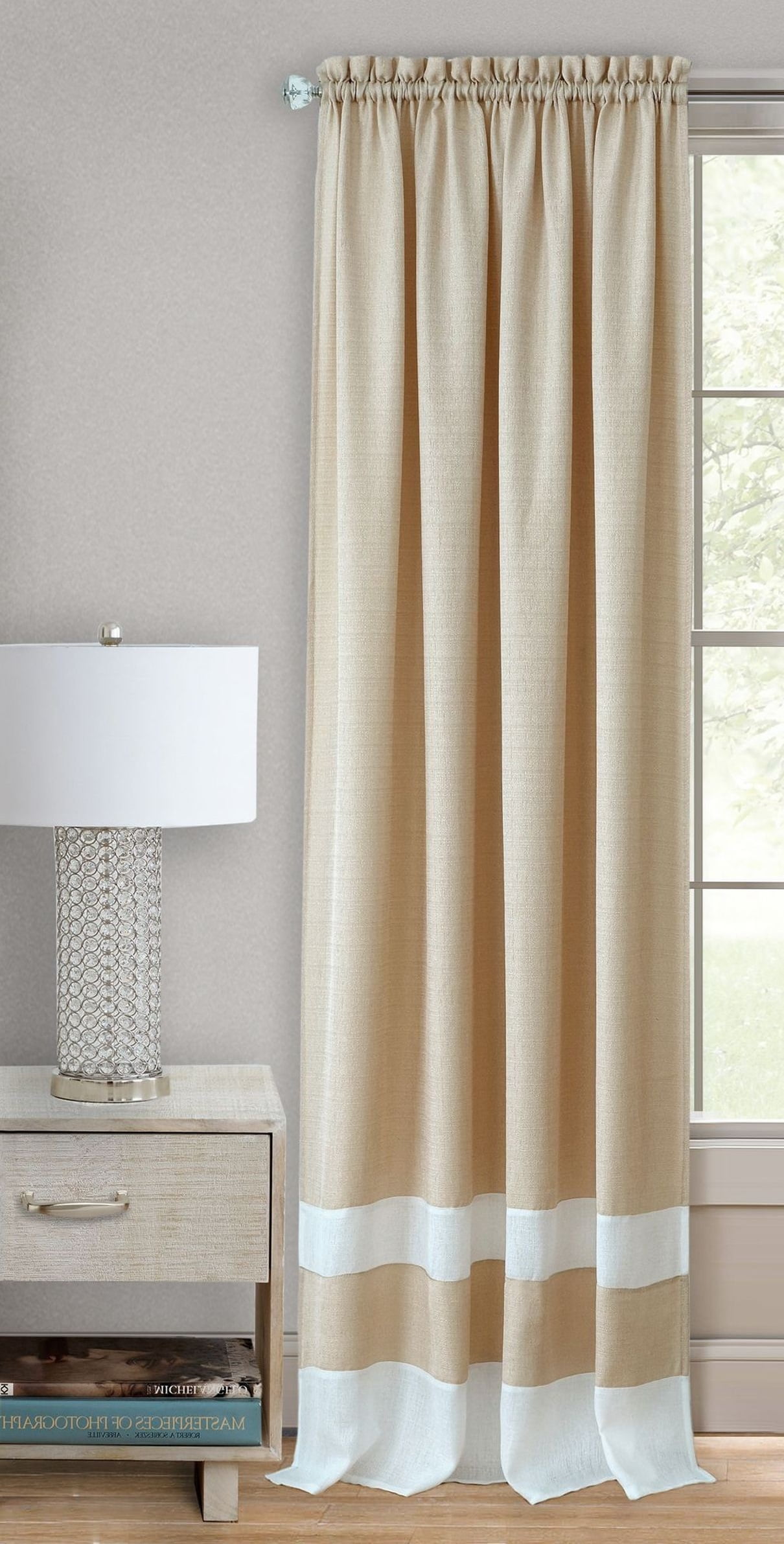 Tan and White Light Filtering Polyester Rod Pocket Drapes