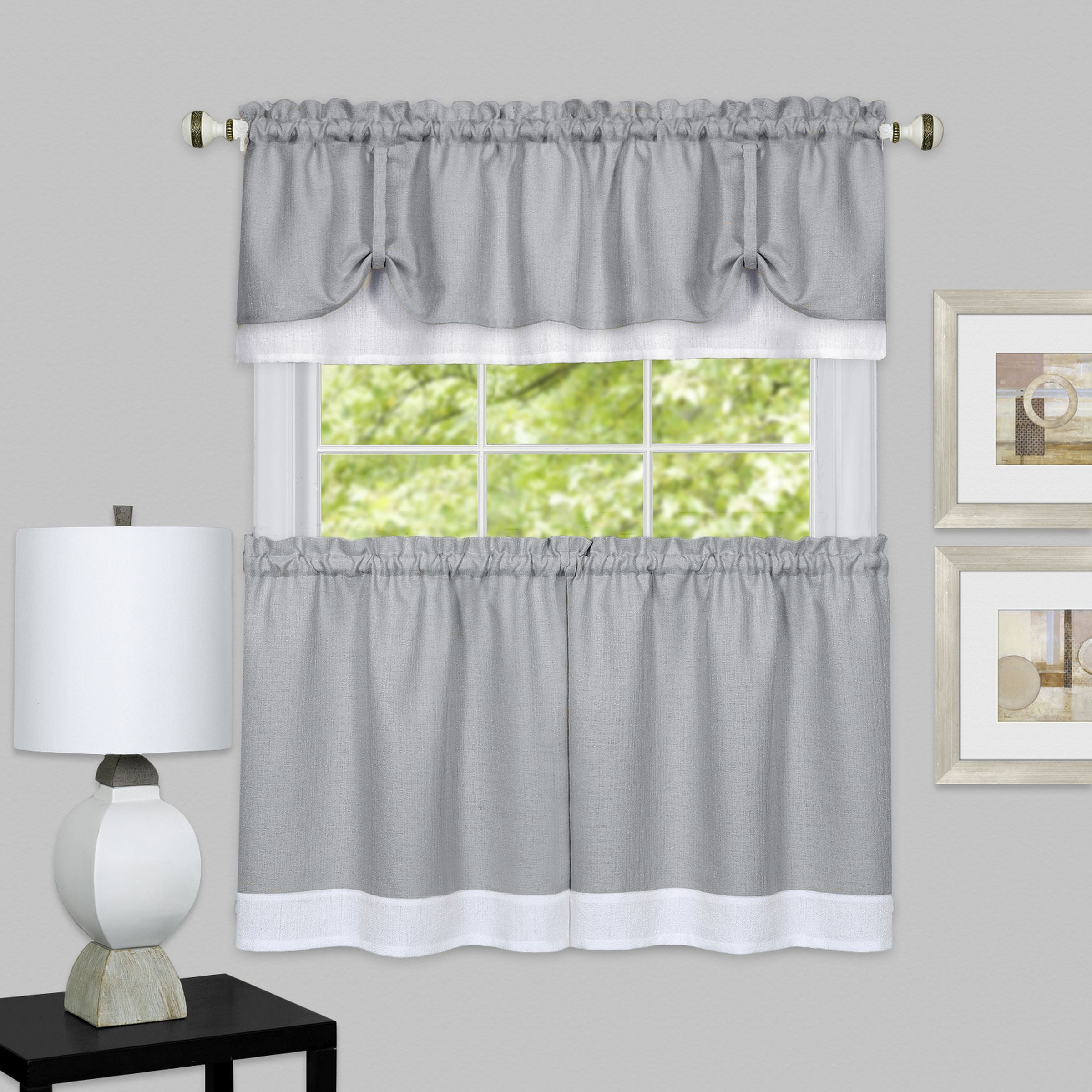 Grey and White Polyester Light-Filtering Kitchen Window Tier Set