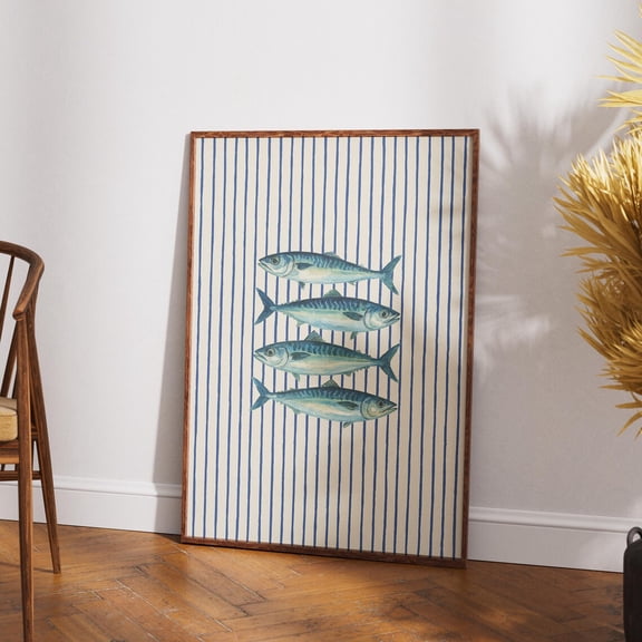 Mackerel Fish Print, Nautical Coastal Wall Art, Striped Kitchen Decor Unframed Paper Print