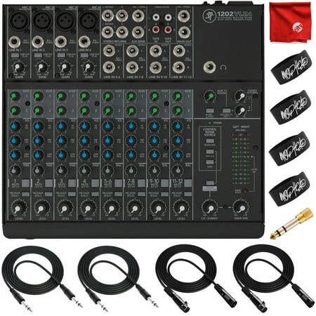 Mackie 1202VLZ4 12-Channel Compact Mixer Bundle with 2x Mophead 10-Foot TRS Cable, 2x 10-Foot XLR Cable, 1/4" to 3.5mm Adapter, 4x Cable Ties and Microfiber Cloth