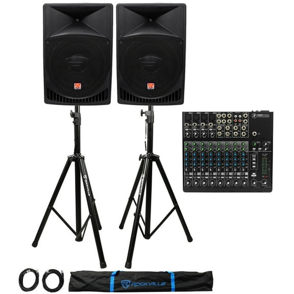 Mackie 1202VLZ4 12-ch Analog Mixer w/4-Preamps+(2) Powered 15" Speakers+Stands