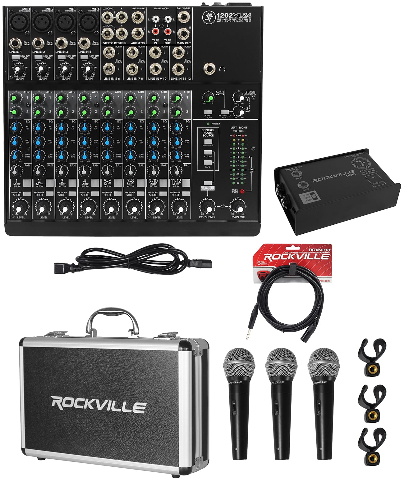 Mackie 1402VLZ4 14-channel Analog Mixer w/4 ONYX Preamps+DI Box+Cable+(3) Mics