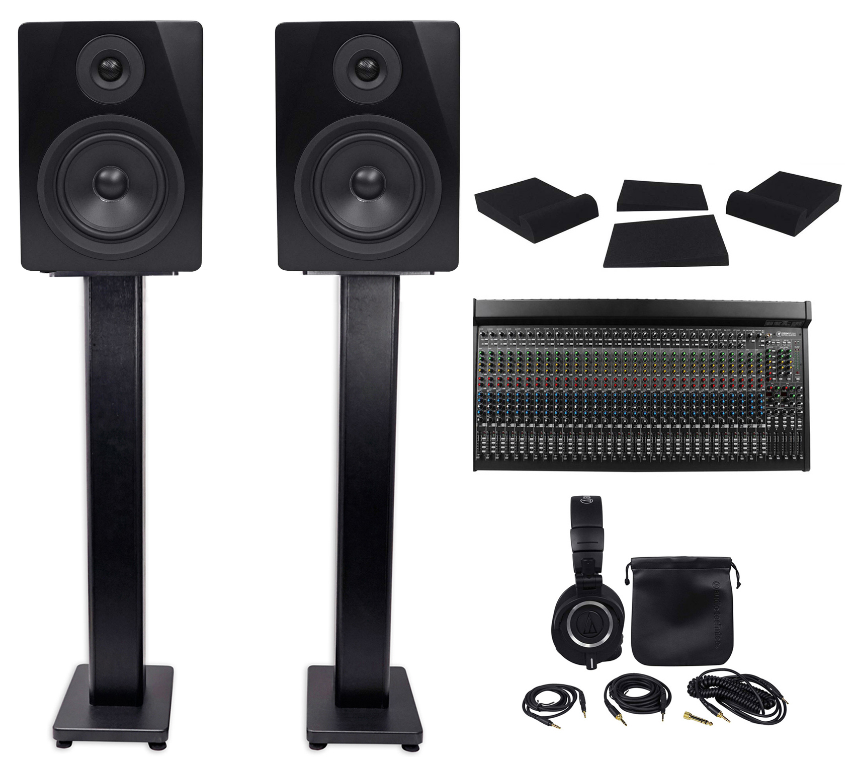 Mackie 3204VLZ4 + (2) Rockville ASM5 5.25" Monitors+ATH-M50X Headphones+Stands