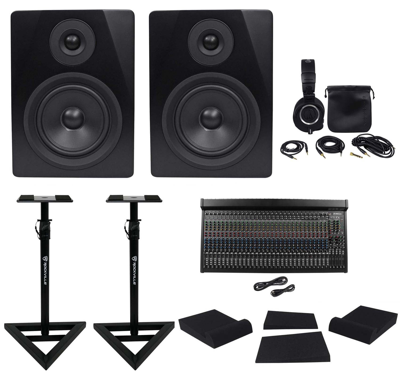Mackie 3204VLZ4 Bundle: USB Mixer, APM5B Studio Monitors, ATH-M50X Headphones, RVSM1 Stands, Pads, Pro Audio Kit, 5-items