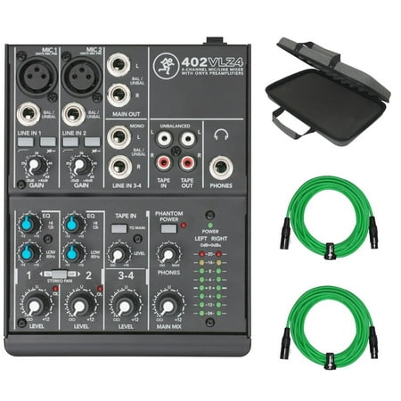 Mackie 402VLZ4 4-channel Ultra Compact Mixer with 10FT Green Cables & Carry Case Package